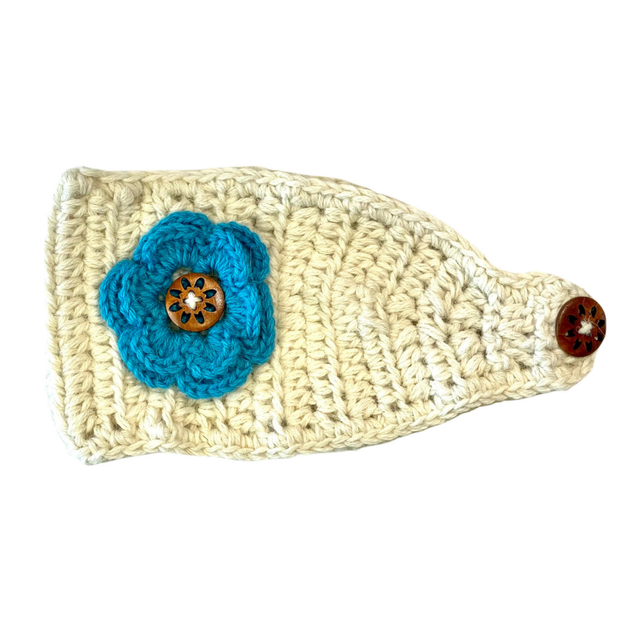 A product photo with a white background of a soft cute stylish fashion cozy comfortable warm winter headband handmade knit crochet in Montana from natural white alpaca yarn with a bright teal flower attached.
