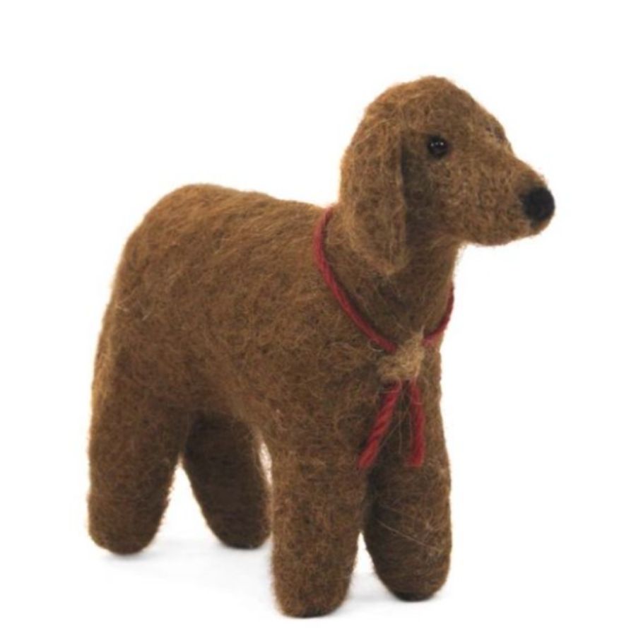 A product photo of the soft cute adorable alpaca wool felt chocolate brown dog figurine and ornament.