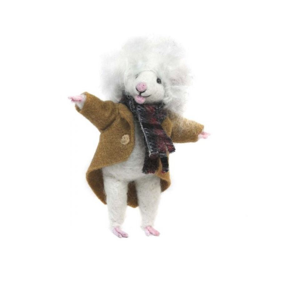 A product photo of a cute funny silly adorable fluffy soft puffy haired Albert Einstein natural white mouse with a plaid scarf and brown jacket felted alpaca wool figurine and ornament for gifts birthday holidays
