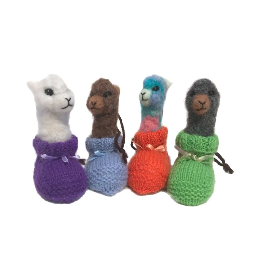 4 alpacas in stockings alpaca wool figurine and ornament