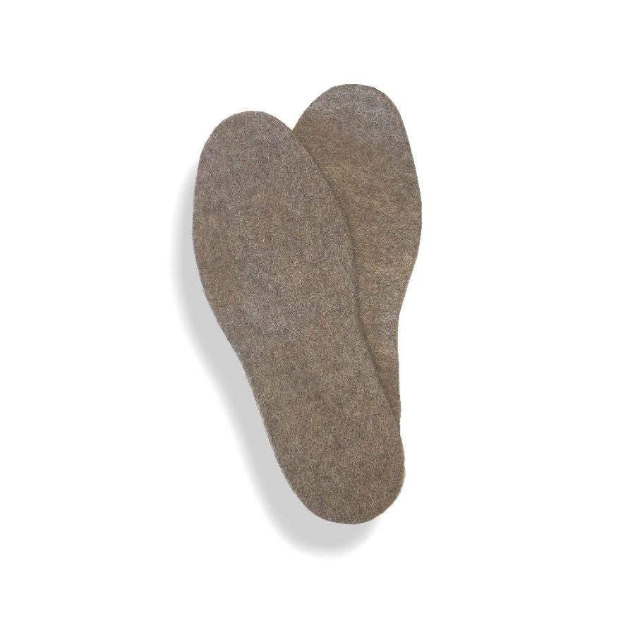 A product photo against a white background of the brown warm cozy winter thermal moisture wicking felted shoe insoles inserts for hiking, fishing, hunting, skiing, winter.