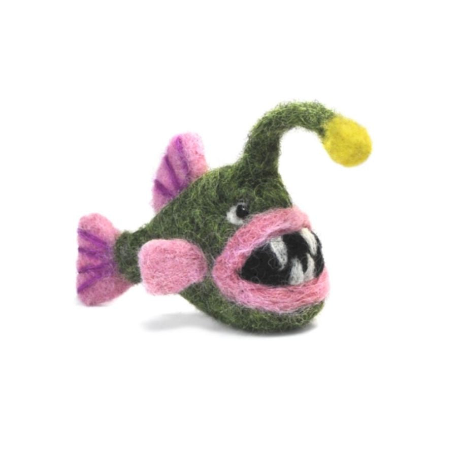 Alpaca wool felted green angler fish with pink fins ornament and figurine