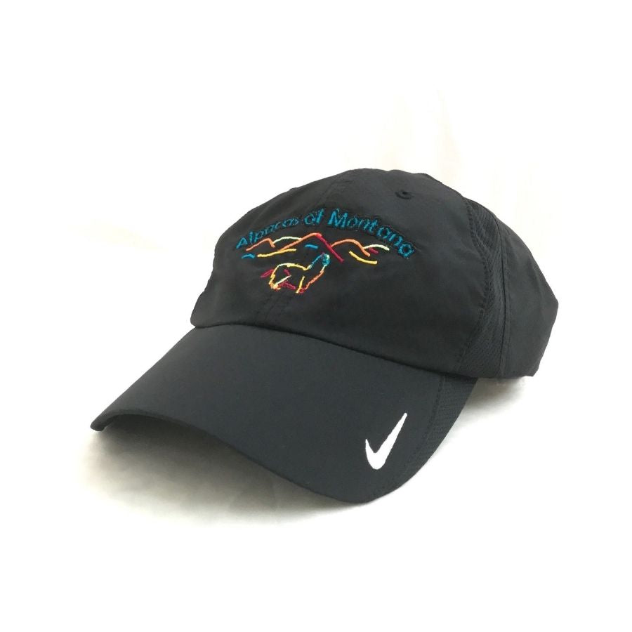 Alpacas of Montana and Nike branded logo comfortable summer breathable fashionable black baseball cap.