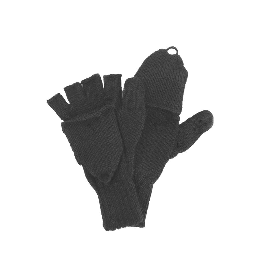 A product photo against a white background of soft comfortable cozy lightweight thin cozy moisture wicking warm all seasons everyday black fingerless lightweight flip mitten gloves made from alpaca wool.