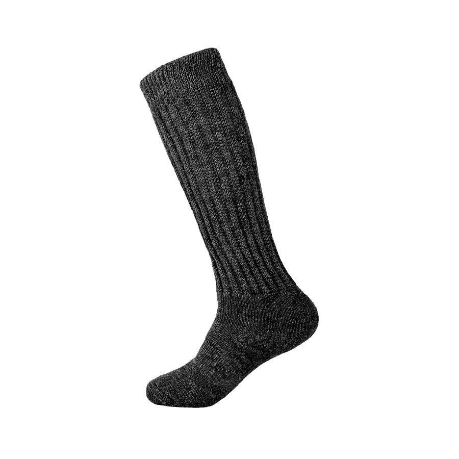 A product photo against a white background of a mid-calf soft comfortable cozy lounge breathable moisture wicking therapeutic diabetes loose fit dark gray socks.