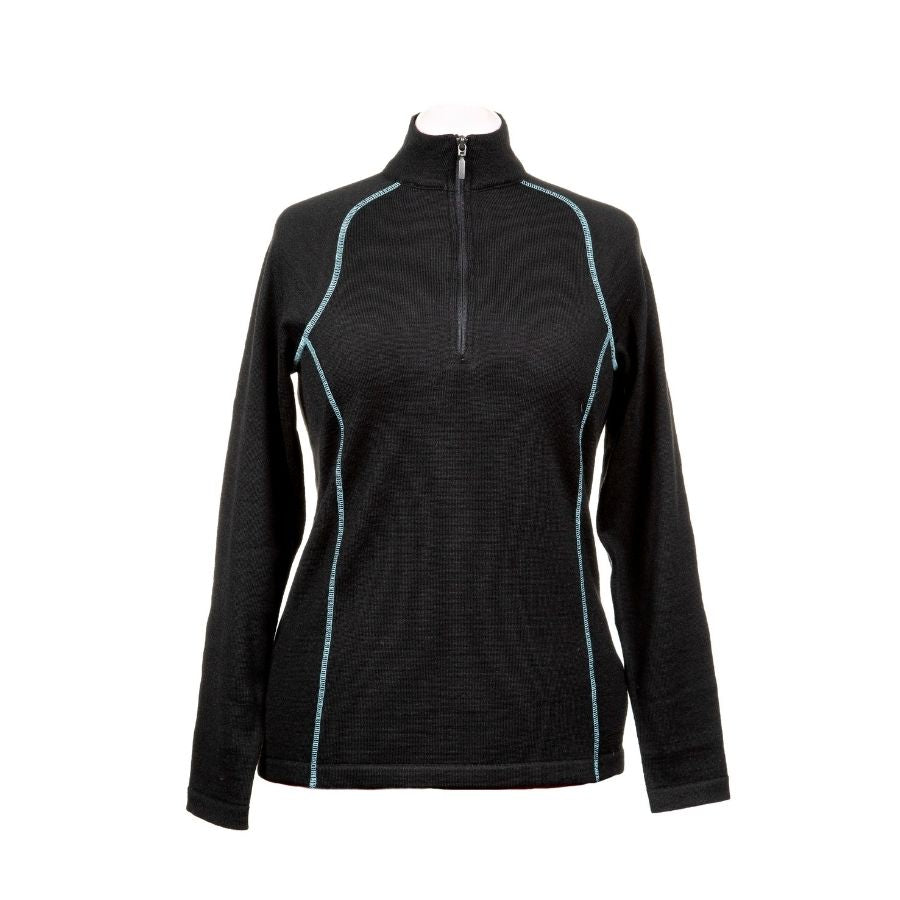 A product photo against a white background of a black with teal stitching Alpacas of Montana warm thermal soft cozy comfortable activewear outerwear athletic moisture wicking antimicrobial women&#39;s fashion stylish luxury mid-layer quarter-zip alpaca wool long sleeve pullover top for outdoors camping climbing hiking skiing hunting fishing running winter.