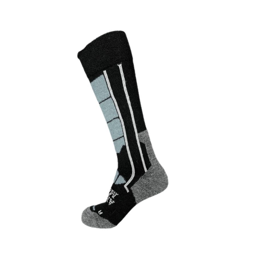 A product photo with a white background of a pair of light gray, dark grey, and black Alpacas of Montana cozy comfortable soft warm thermal winter freezing temperatures antimicrobial moisture wicking alpaca wool ski and snowboard socks for snowshoeing, skiing, snowboarding, ice fishing, outdoors.