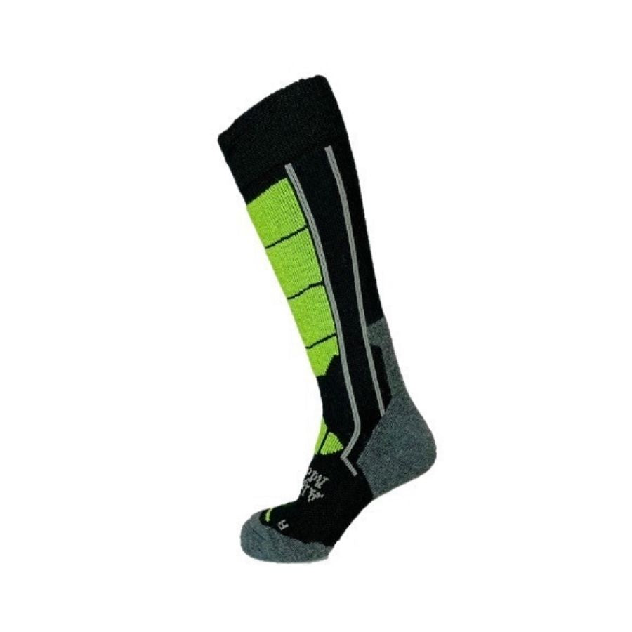 A product photo with a white background of a lime green, gray, and black Alpacas of Montana cozy comfortable soft warm thermal winter freezing temperatures antimicrobial moisture wicking alpaca wool ski and snowboard socks for snowshoeing, skiing, snowboarding, ice fishing, outdoors.