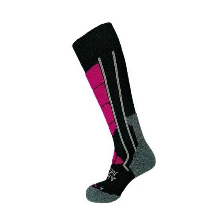 A product photo with a white background of a fuchsia pink, gray, and black Alpacas of Montana cozy comfortable soft warm thermal winter freezing temperatures antimicrobial moisture wicking alpaca wool ski and snowboard socks for snowshoeing, skiing, snowboarding, ice fishing, outdoors.