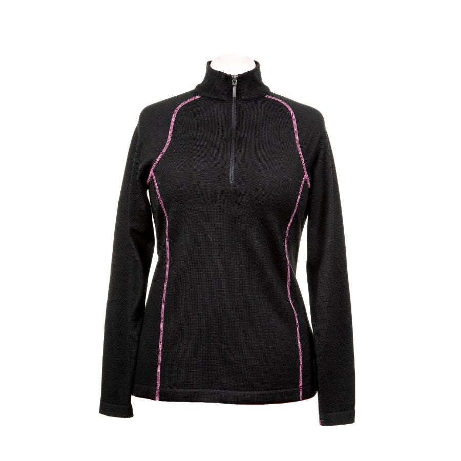 A product photo against a white background of a black with pink stitching Alpacas of Montana warm thermal soft cozy comfortable activewear outerwear athletic moisture wicking antimicrobial women's fashion stylish luxury mid-layer quarter-zip alpaca wool long sleeve pullover top for outdoors camping climbing hiking skiing hunting fishing running winter.