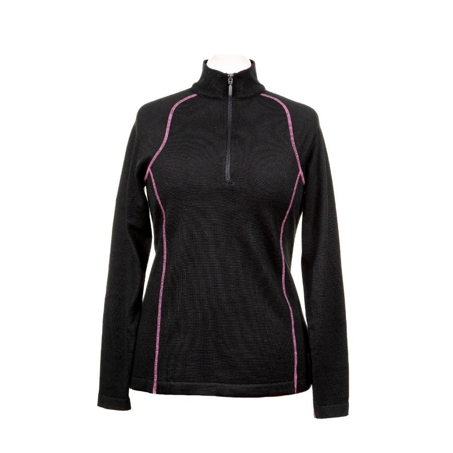 A product photo against a white background of a black with pink stitching Alpacas of Montana warm thermal soft cozy comfortable activewear outerwear athletic moisture wicking antimicrobial women&#39;s fashion stylish luxury mid-layer quarter-zip alpaca wool long sleeve pullover top for outdoors camping climbing hiking skiing hunting fishing running winter.