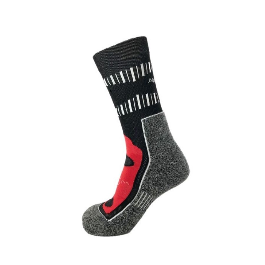 A product photo against a white background of a black, scarlet red, and multi-gray Alpacas of Montana soft cozy comfortable activewear outerwear athletic workout moisture wicking antimicrobial cushioned light compression engineered high-tech mid-crew hiking sock for walking, skiing, climbing, hunting, camping, fishing, exercise, biking