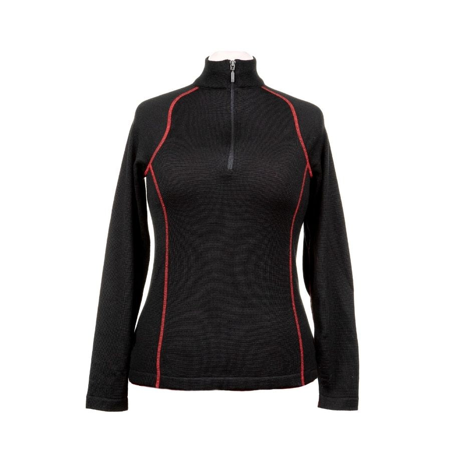 A product photo against a white background of a black with red stitching Alpacas of Montana warm thermal soft cozy comfortable activewear outerwear athletic moisture wicking antimicrobial women's fashion stylish luxury mid-layer quarter-zip alpaca wool long sleeve pullover top for outdoors camping climbing hiking skiing hunting fishing running winter.