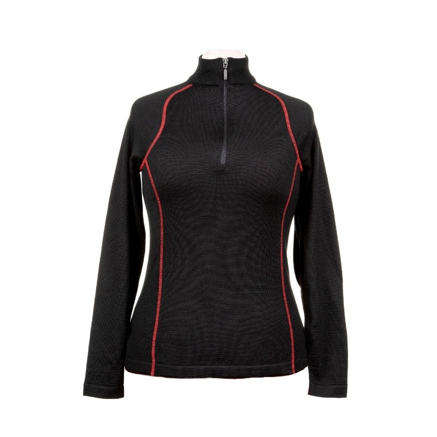 A product photo against a white background of a black with red stitching Alpacas of Montana warm thermal soft cozy comfortable activewear outerwear athletic moisture wicking antimicrobial women&#39;s fashion stylish luxury mid-layer quarter-zip alpaca wool long sleeve pullover top for outdoors camping climbing hiking skiing hunting fishing running winter.