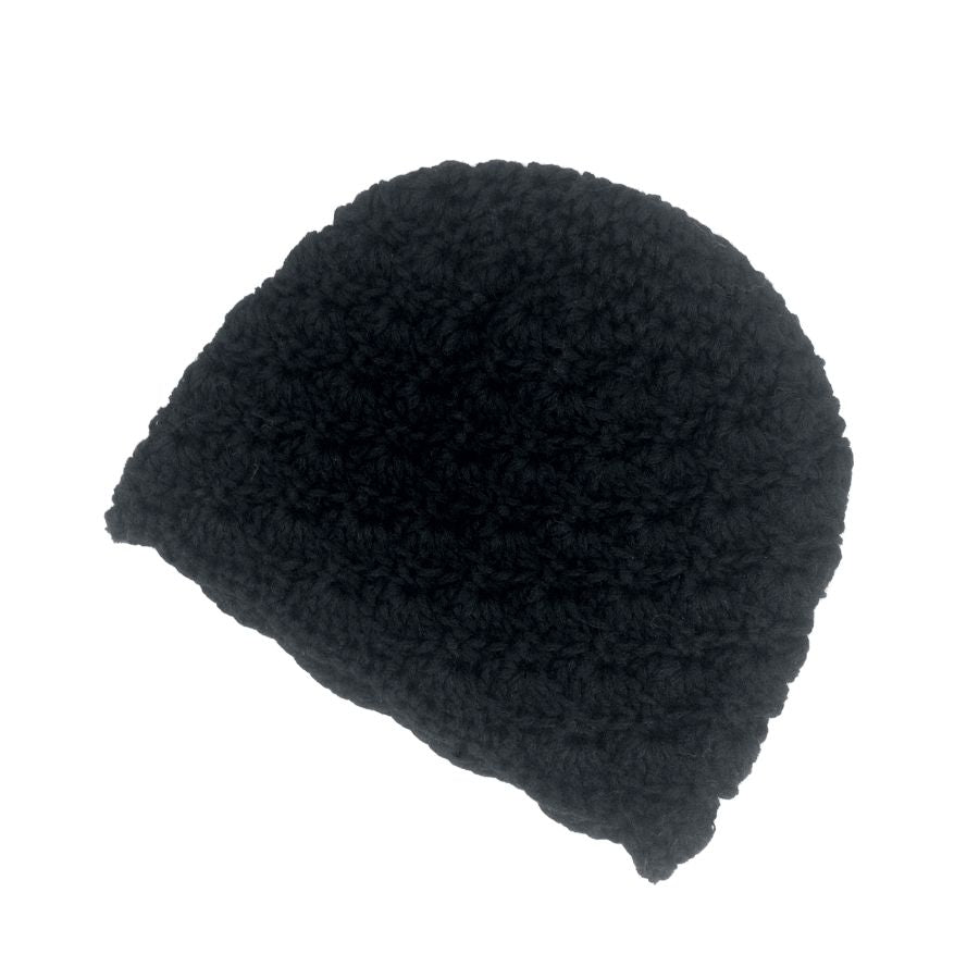 A product photo with a white background of a soft stylish cozy comfortable fashionable moisture wicking knitted crochet scallop pattern hat handmade in Montana from black alpaca wool.