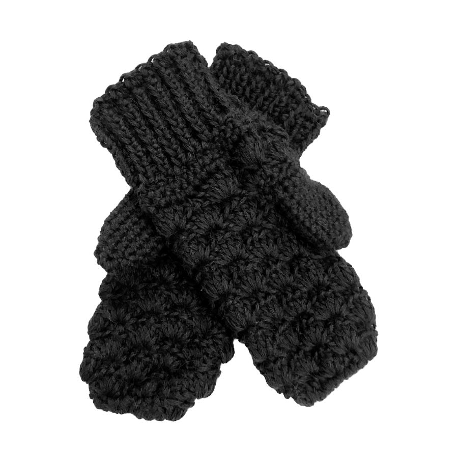 A product photo with a white background of a soft stylish cozy comfortable fashionable moisture wicking knitted crochet scallop pattern mittens handmade in Montana from black alpaca wool yarn.