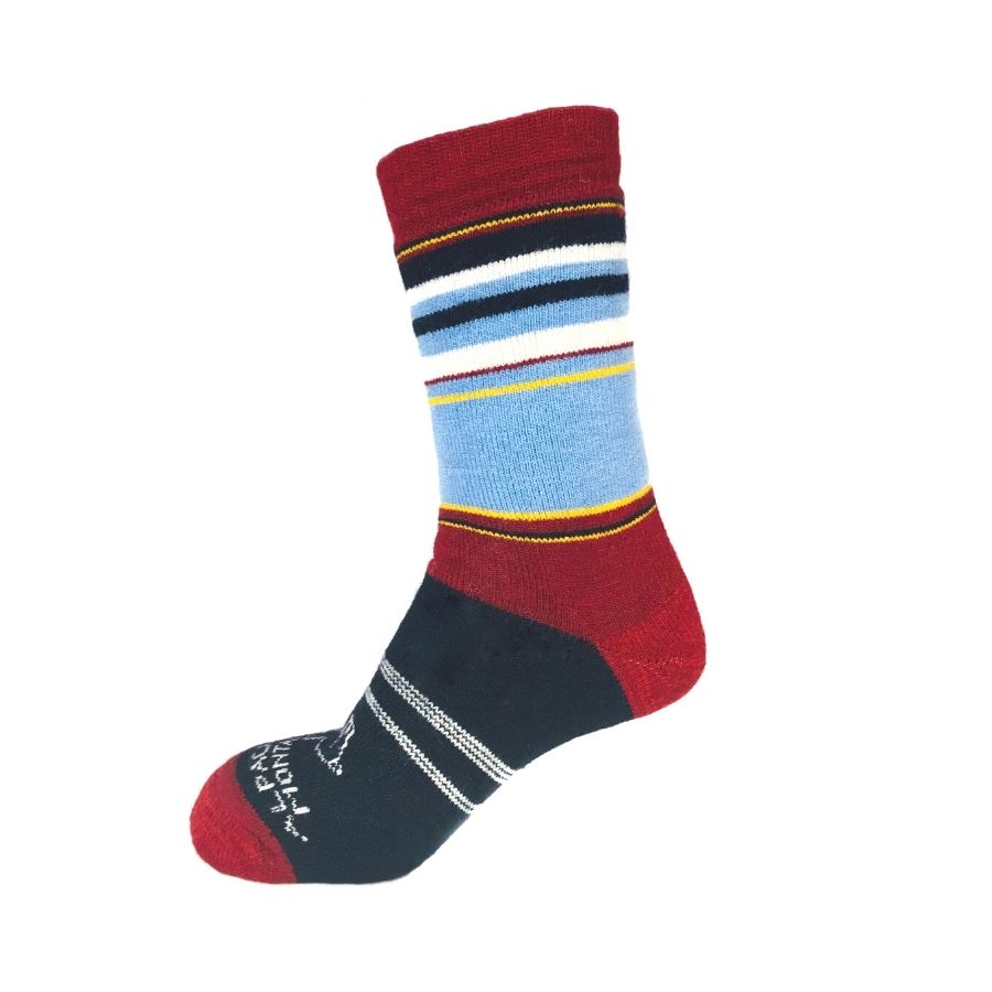 A product photo of soft cozy comfortable moisture wicking lounge and active everyday red, black, sky blue, gold, and natural white striped alpaca wool basecamp socks.