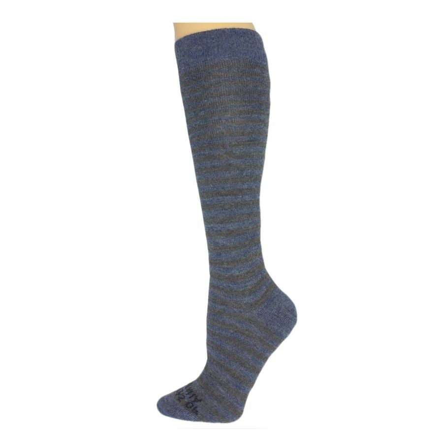 A product photo with a white background of Alpacas of Montana gray and light blue casual lounge fashion comfortable soft cozy everyday moisture wicking alpaca wool striped socks.