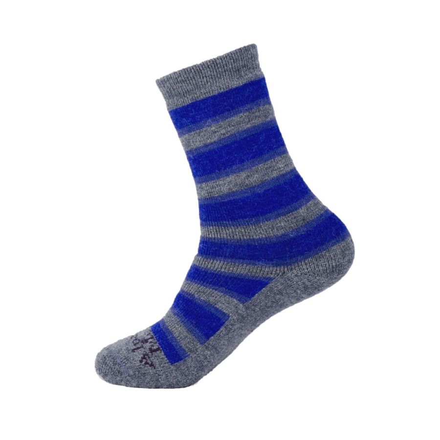 A product photo of soft cozy comfortable moisture wicking lounge and active everyday gray and blue striped alpaca wool basecamp socks