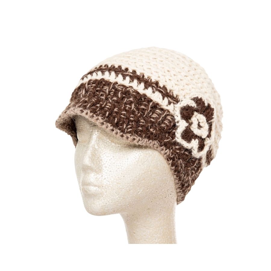 brown and white hand knit alpaca wool brimmed beanie hat with flower