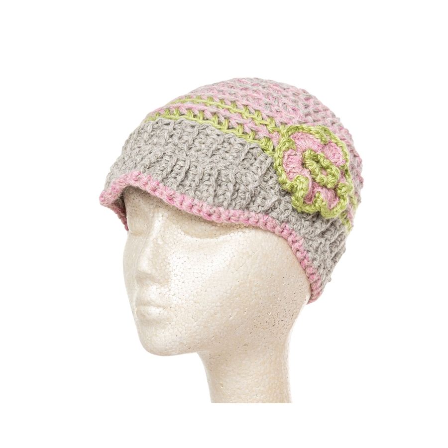 gray pale pink and green hand knit alpaca wool brimmed beanie hat with flower