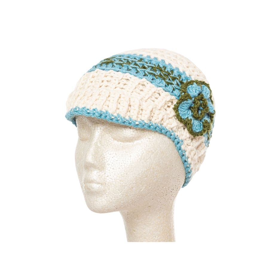 white green and light blue hand knit alpaca wool brimmed beanie hat with flower
