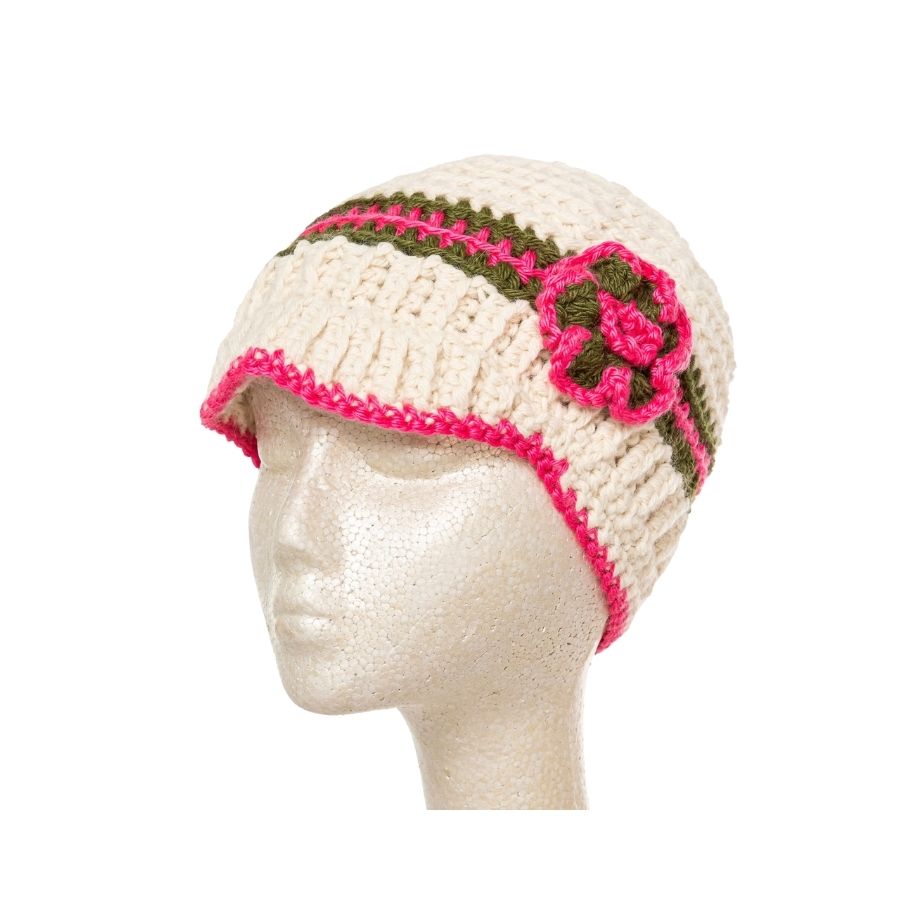 white pink and green hand knit alpaca wool brimmed beanie hat with flower