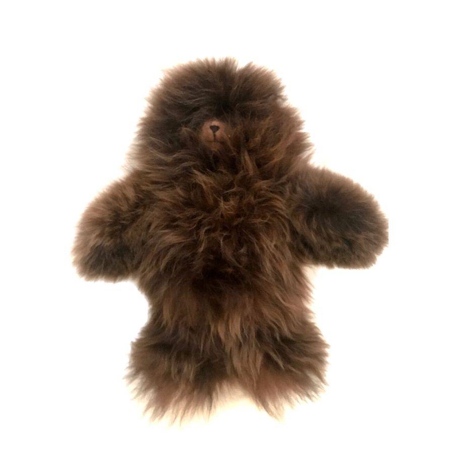 A product photo with a white background of an Alpacas of Montana soft fluffy cozy cute adorable toy silky chocolate brown luxury royal alpaca teddy bear plushie figurine for gifts birthdays christmas children present