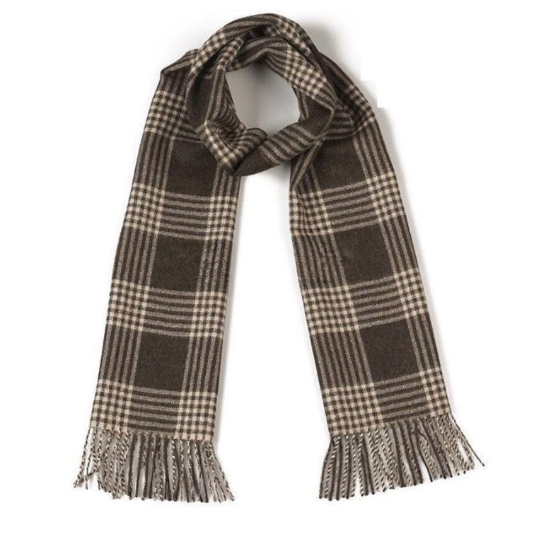 A product photo against a white background of the Alpacas of Montana soft stylish men&#39;s fashion comfortable cozy warm alpaca wool chocolate brown and latte brown plaid pattern scarf with tassels.