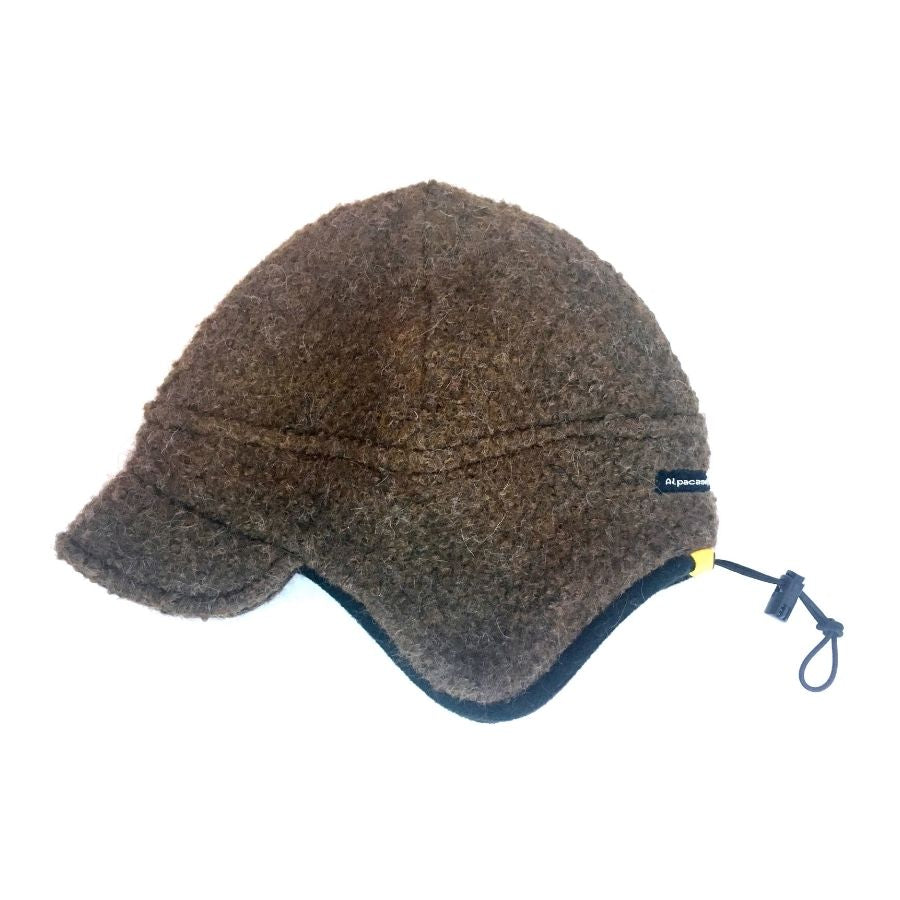 A product photo against a white background of the Alpacas of Montana brown extremely warm cozy soft windproof comfortable moisture wicking thermal alpaca fleece wool windstopper winter hat for hiking, skiing, hunting, fishing, outdoors.