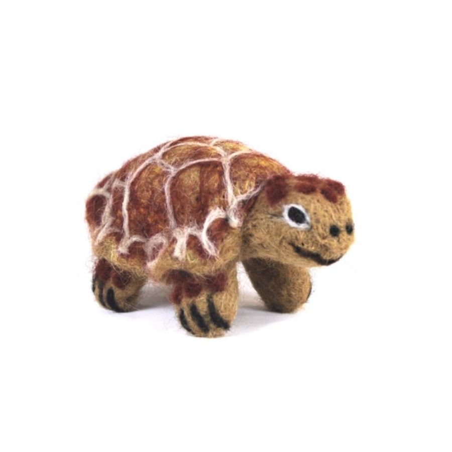 A product photo with a white background of a soft cute adorable silly funny maroon, white, black, and light brown tortoise felted alpaca wool figurine and ornament for gifts birthday christmas presents