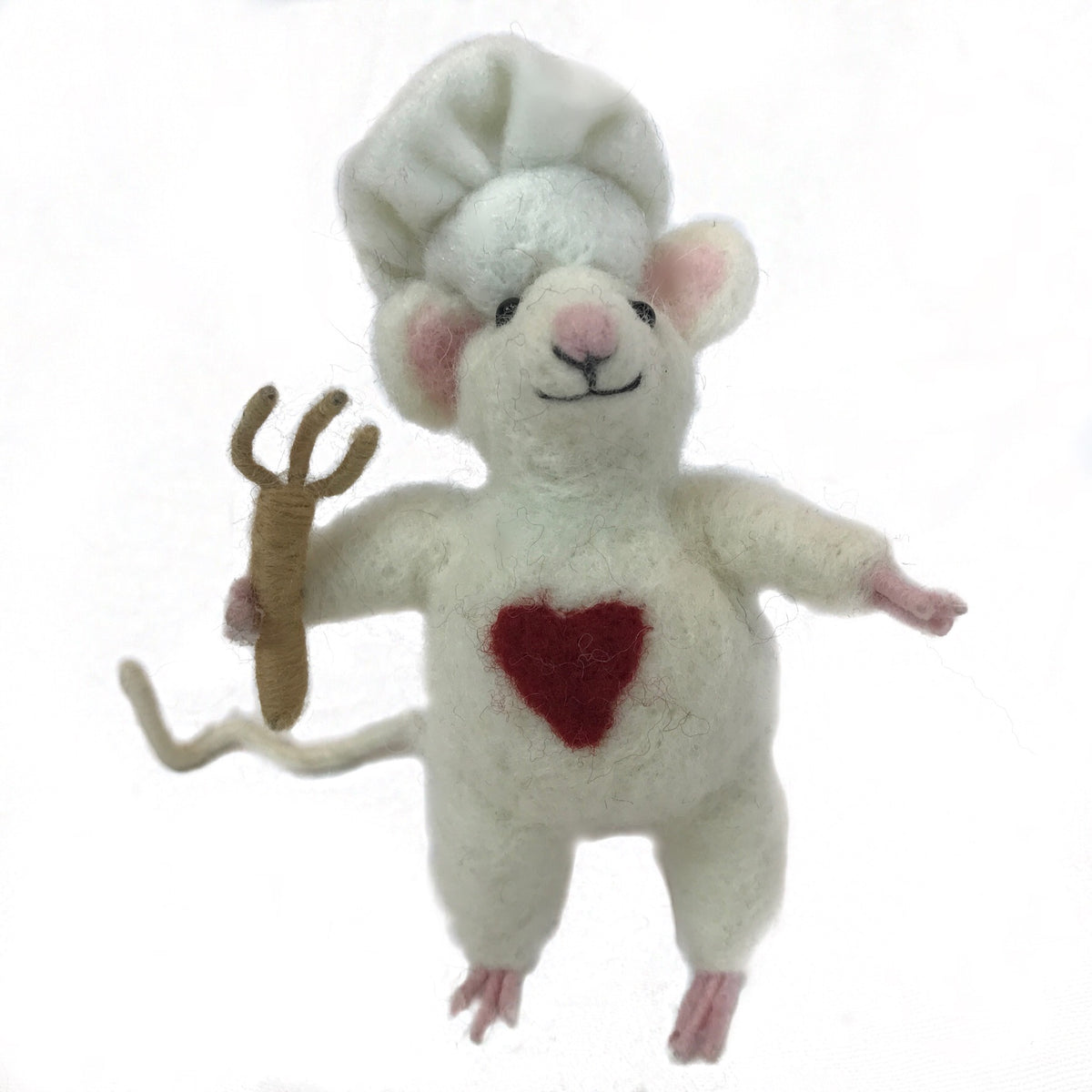 A product photo of a cute funny silly adorable fluffy soft natural white mouse with a red heart and white chef hat holding a fork felted alpaca wool figurine and ornament for gifts birthday holidays