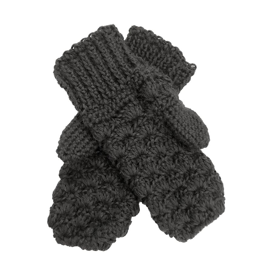 A product photo with a white background of a soft stylish cozy comfortable fashionable moisture wicking knitted crochet scallop pattern mittens handmade in Montana from dark gray alpaca wool yarn.
