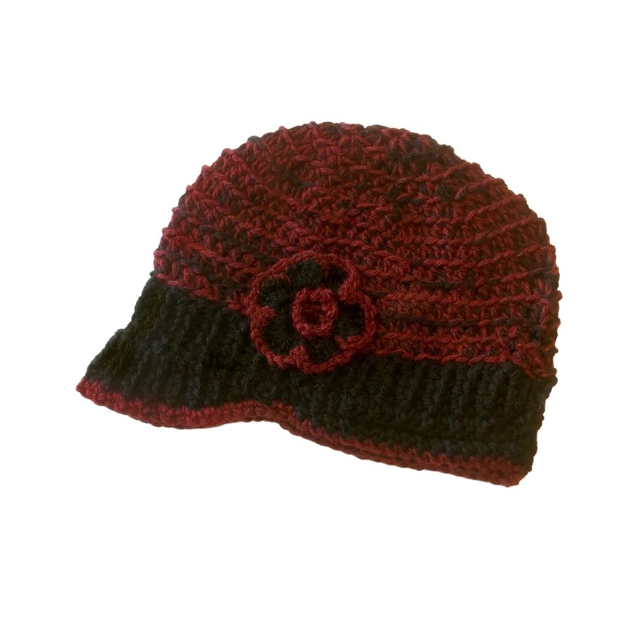 black and red hand knit alpaca wool brimmed beanie hat with flower