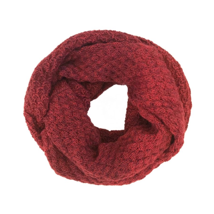 deep red alpaca wool infinity scarf against white background