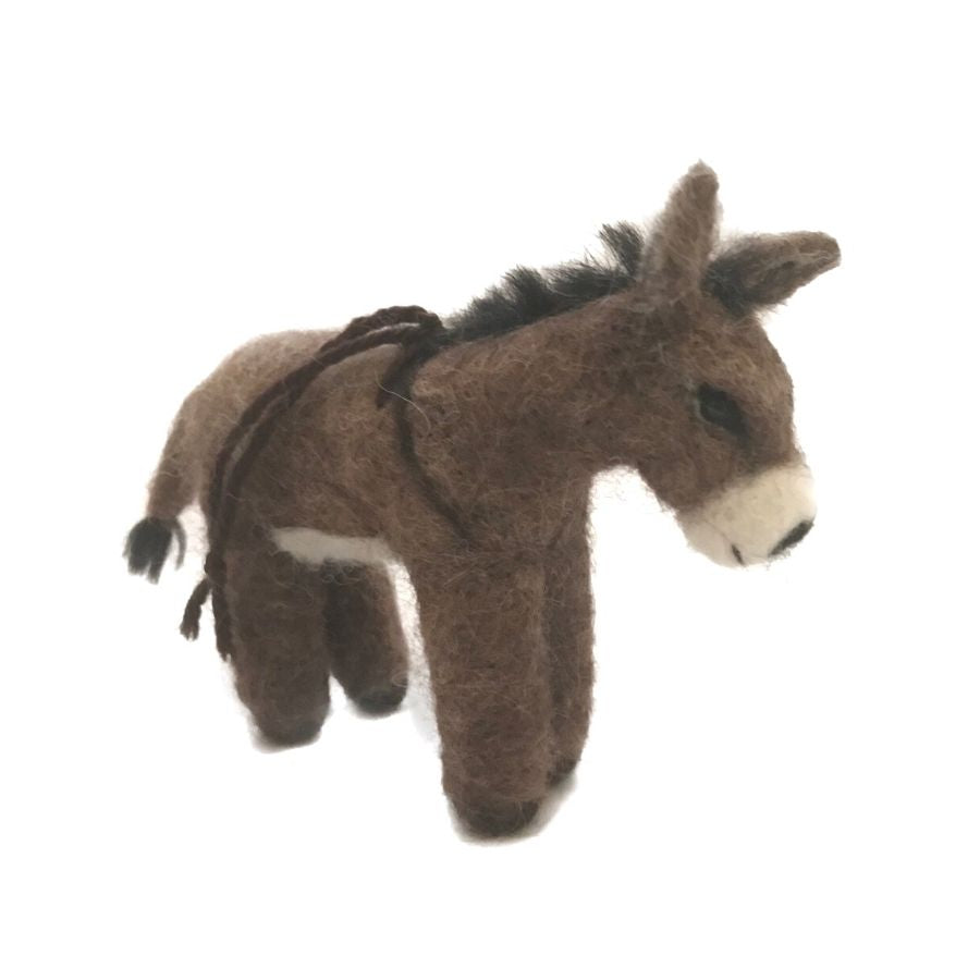 Brown and white cute adorable donkey figurine and ornament made of felted alpaca wool