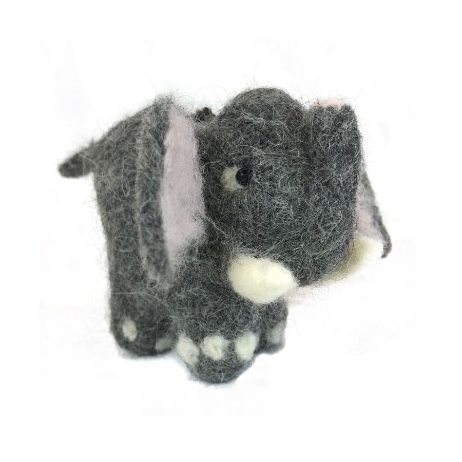 Cute adorable gift dark gray, light pink, and white elephant figurine and ornament made of felted alpaca wool.