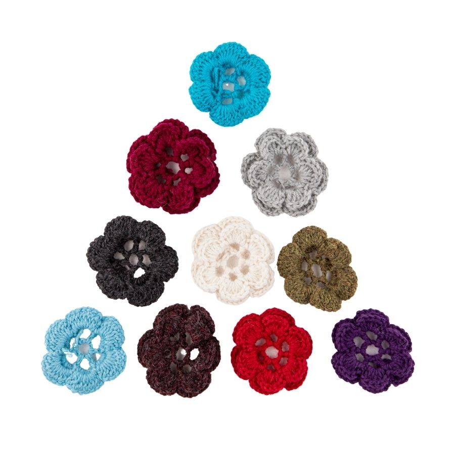 10 attachable handmade in Montana knit crochet alpaca yarn flowers in a pyramid arrangement