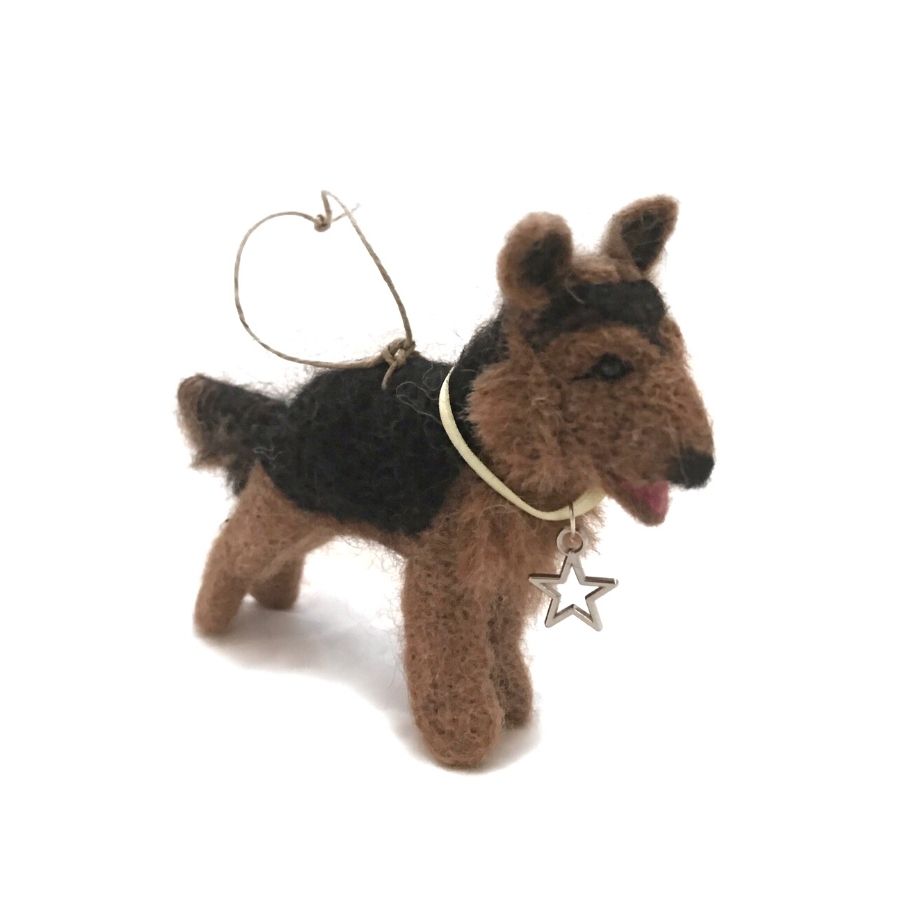 A soft cute adorable fluffy gift brown and black german shepherd dog gsd figurine and ornament made of felted alpaca wool.