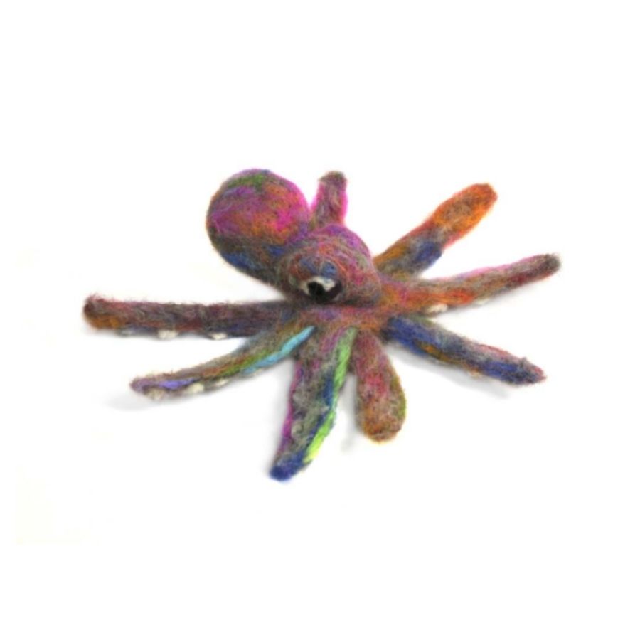 A product photo of a cute soft funny silly adorable colorful rainbow multicolor octopus felted alpaca wool figurine and ornament for gifts birthday holidays