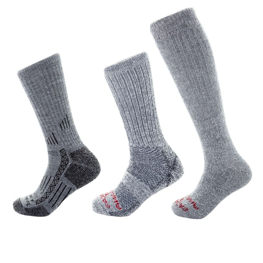 gray adventure sock, gray extra cushion sock and gray arctic sock