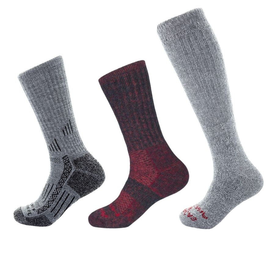 gray adventure sock, red extra cushion sock, gray arctic sock