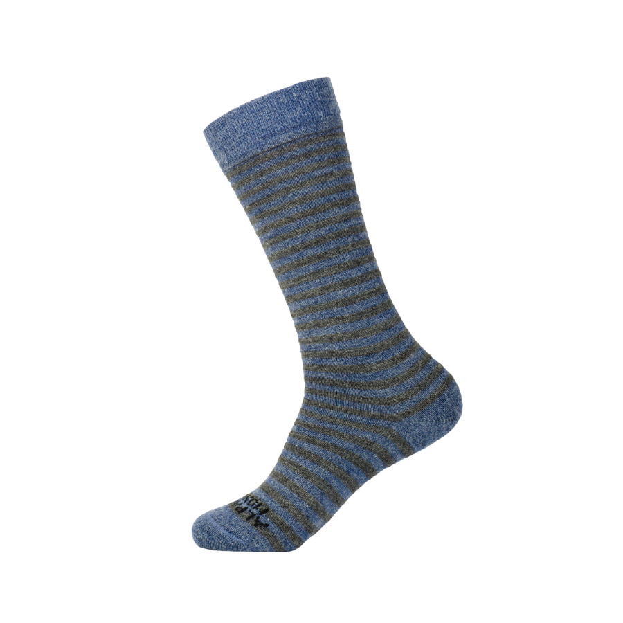 A product photo against a white background of a denim blue and light gray Alpacas of Montana soft comfortable cozy lounge cute gift moisture wicking fun fashion stylish striped alpaca wool sock for men and women unisex 
