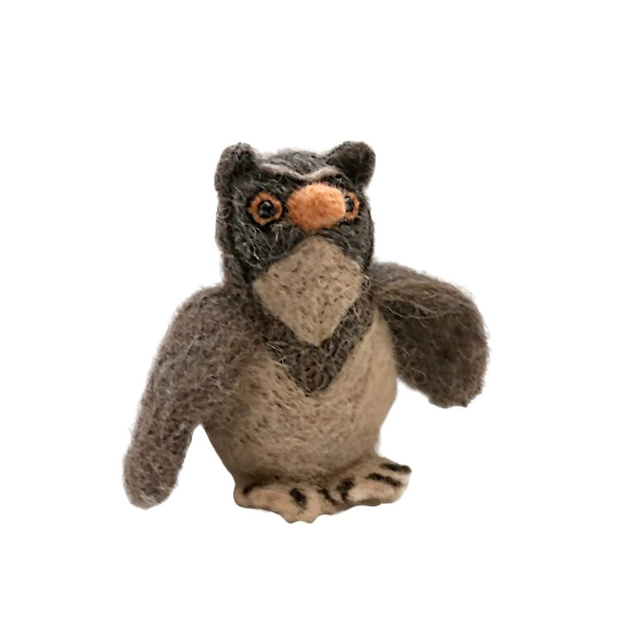 A product photo of a cute adorable soft funny silly light brown, dark brown, gray, and orange owl felted alpaca wool figurine and ornament for gifts birthday holidays