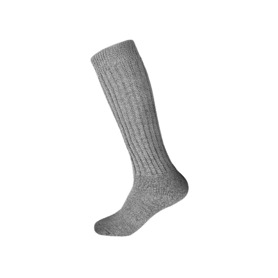 A product photo against a white background of a mid-calf soft comfortable cozy lounge breathable moisture wicking therapeutic diabetes loose fit light gray socks.