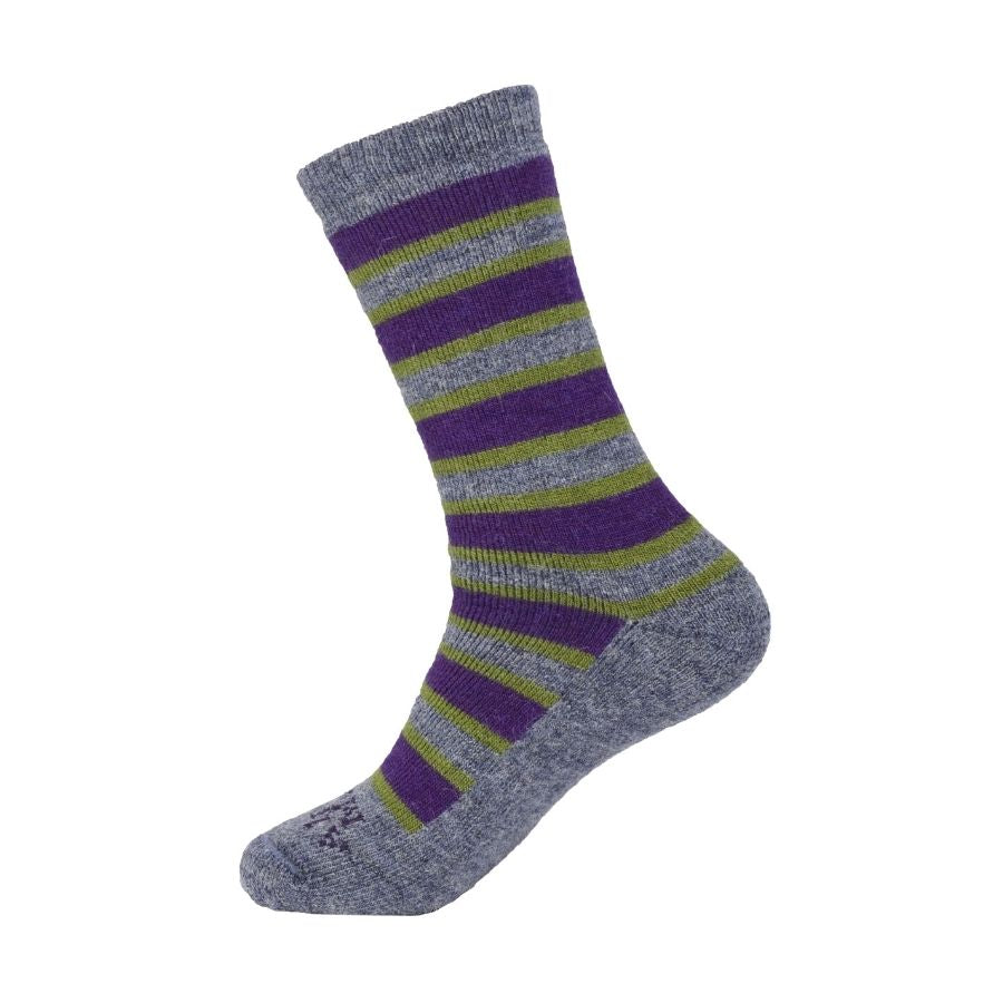 A product photo in front of a white background of a pair of the soft cozy comfortable moisture wicking lounge and active everyday gray, green, and purple striped basecamp socks.