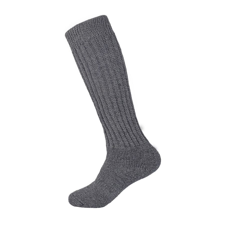 A product photo against a white background of a mid-calf soft comfortable cozy lounge breathable moisture wicking therapeutic diabetes loose fit dark gray socks.