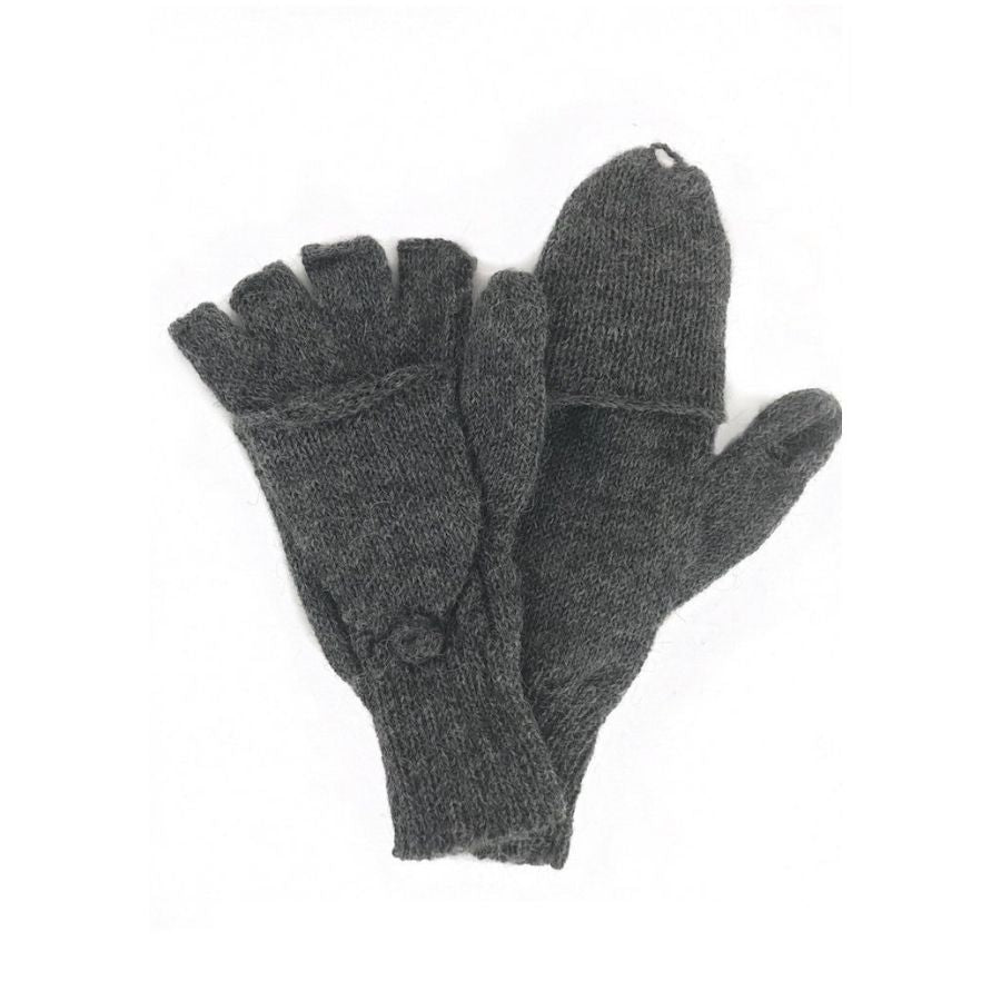A product photo against a white background of a pair of soft comfortable cozy lightweight thin cozy moisture wicking warm all seasons everyday light gray fingerless lightweight flip mitten gloves made from alpaca wool.