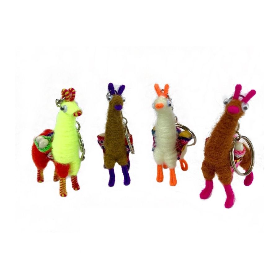 4 multi colored llama key chains against a white background
