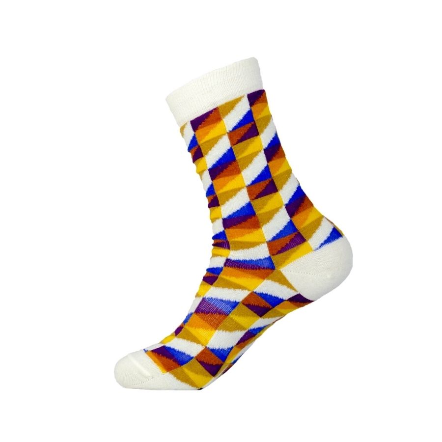 A product photo with a white background of an Alpacas of Montana white, yellow, gold, orange, purple, and blue triangle pattern casual lounge fashion comfortable soft cozy everyday moisture wicking alpaca wool Swag socks.